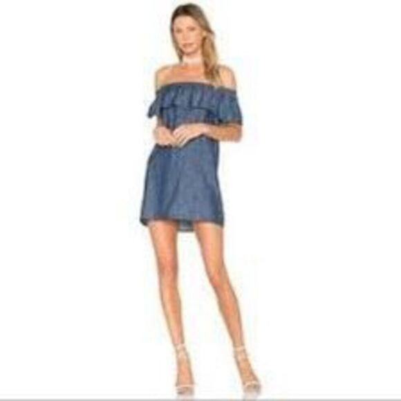 Soft Joie Nilima Off-The-Shoulder Chambray Ruffle Denim Mini Dress Blue Medium - Picture 1 of 6